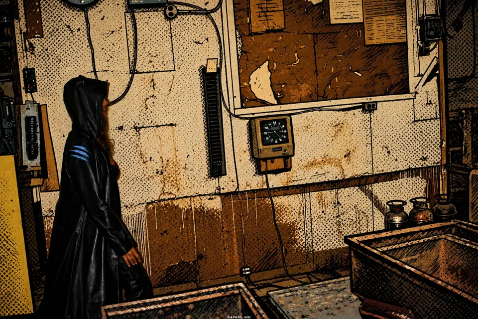 Catwoman in a hooded black leather trench in a grimy industrial room