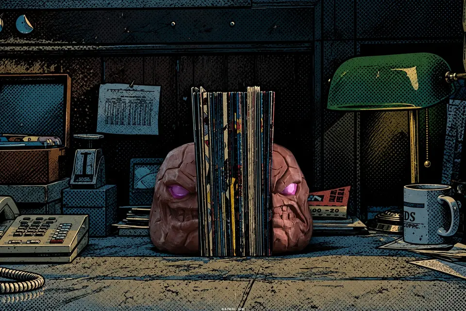 Clayface bookends holding a stack of comics on a desk, glowing purple eyes