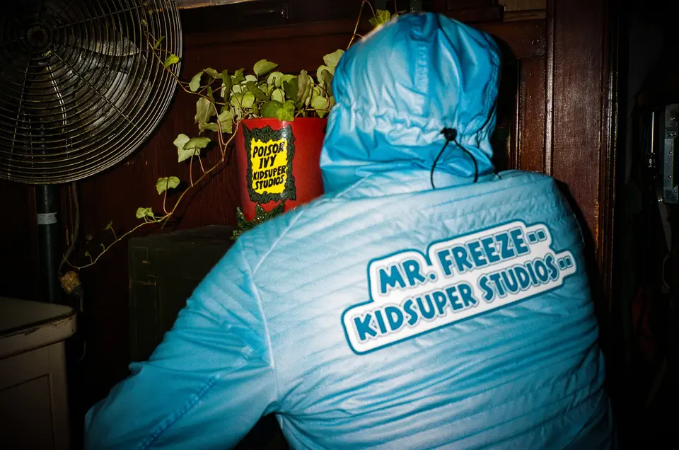 Back of the Mr. Freeze KidSuper Studios puffer next to the Poison Ivy planter