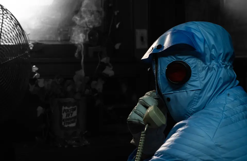 Mr. Freeze in goggles and blue hood on a phone in a smoky room
